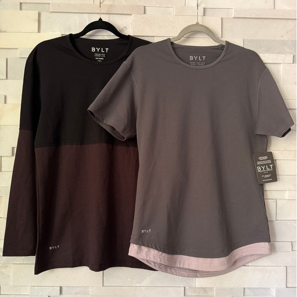 BYLT NWT Lot/2: 1 Premium Crew L/S Colorblock + 1 Drop Cut S/S Dual Layer Shirts